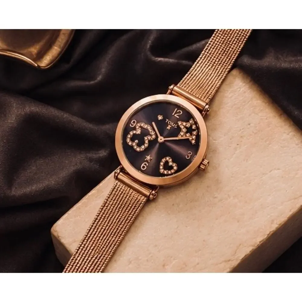 TOUS Copper-Tone Crystal Bear Heart Star Mesh Strap Watch – Pre-Owned